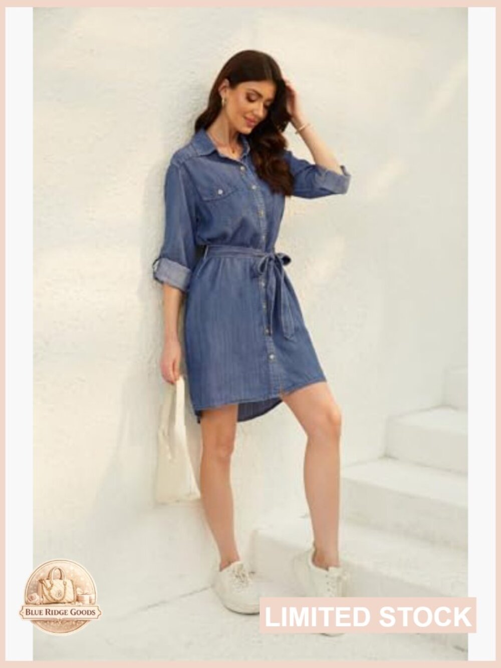 Denim Shirt Dress Casual Button Down Tie Waist Long Sleeve Midi Wrap Style - Picture 7 of 7